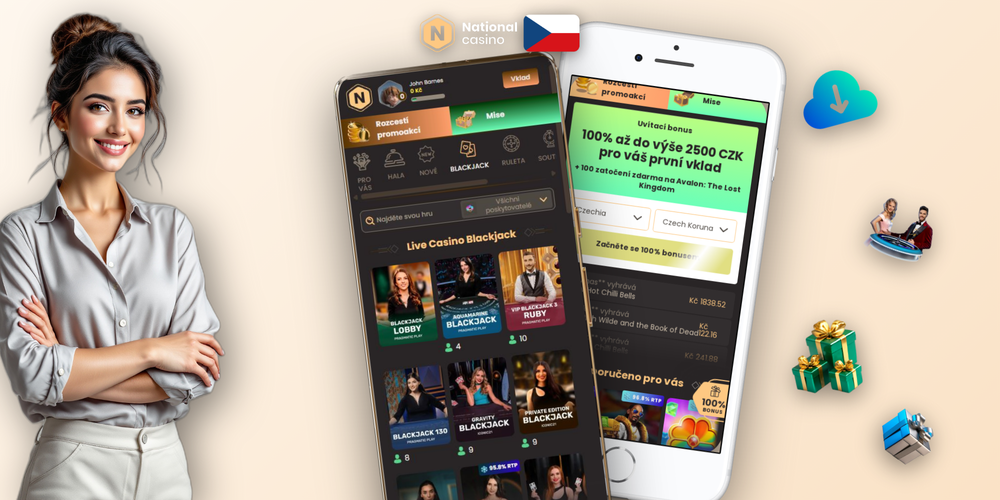Mobilní aplikace National Casino s obrazovkou slotů a atmosférickým pozadím kasina