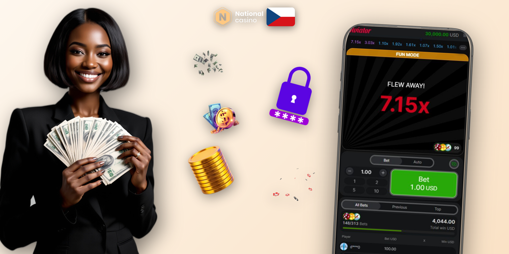 Herní rozhraní Aviator v National Casino s grafem a historií kol