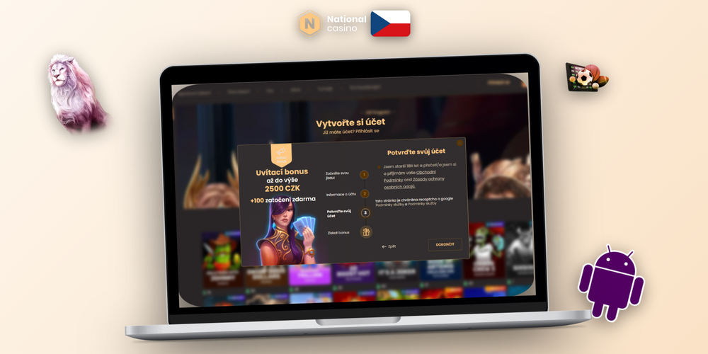 National Casino CZ registrace na počítači i mobilu s tmavým moderním rozhraním