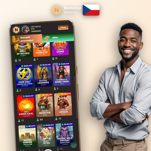 National Casino app na mobilním telefonu s katalogem her a tlačítkem stáhnout